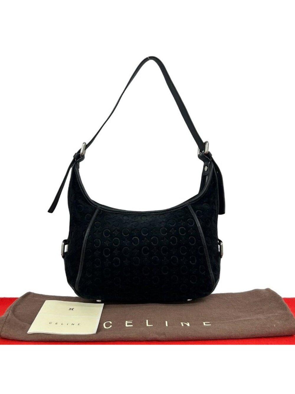 Celine Vintage C Macadam Logo Pattern Corduroy Leather Semi Bag Black